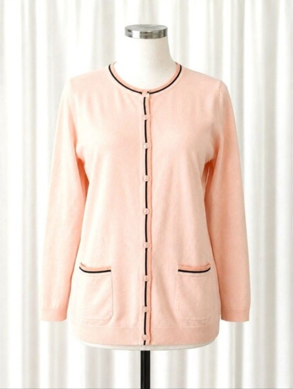 Talbots Soft Coral Contrast Trim Cotton Blend Button Front Knit Cardigan Sweater